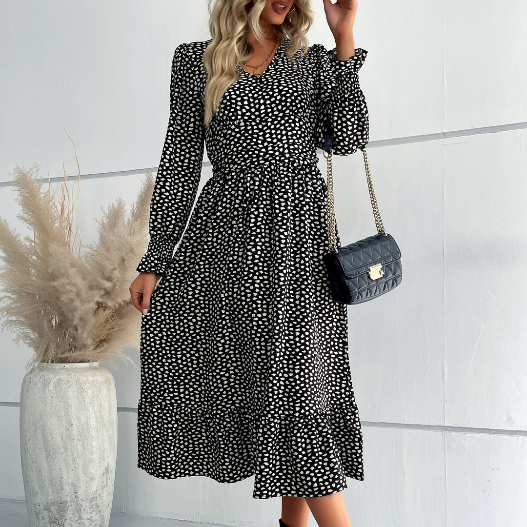 Damen Midikleid mit V-Ausschnitt, geraffter Taille und langen Smokärmeln Nord Taschen