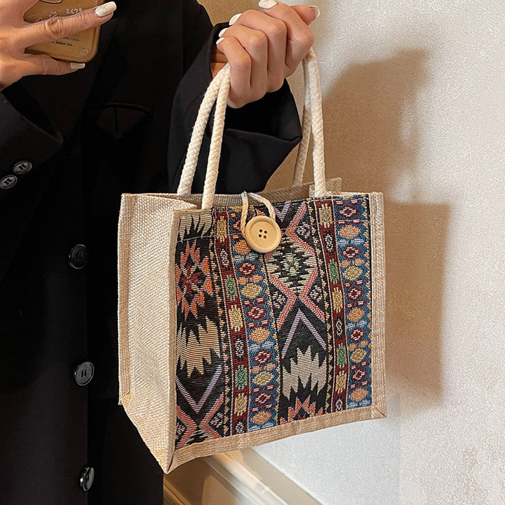 Damen Jute Tragetasche mit kunstvollem Ethnomuster Nord Taschen