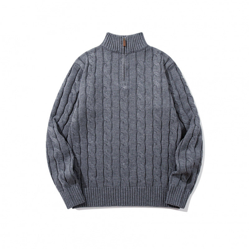 Unisex Grobgestrickter Halbreißverschluss-Zopfmuster-Pullover mit Stehkragen und gerippten Abschlüssen Nord Taschen