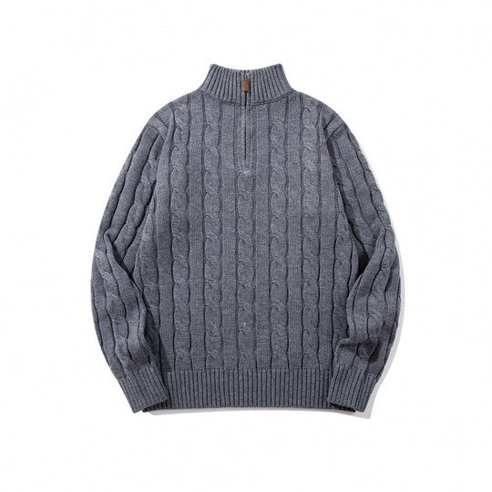 Unisex Grobgestrickter Halbreißverschluss-Zopfmuster-Pullover mit Stehkragen und gerippten Abschlüssen Nord Taschen