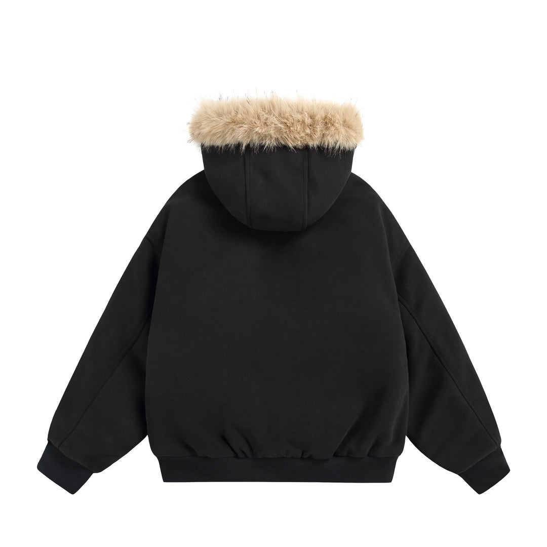 Damen Kurzboxy Kapuzenblouson aus French‑Terry mit voluminöser Kunstfellkante Nord Taschen