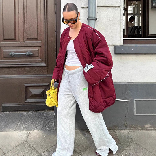 Damen Oversize-Steppjacke mit Diamantstepp, kontrastierender Paspel und Druckknopfverschluss Nord Taschen