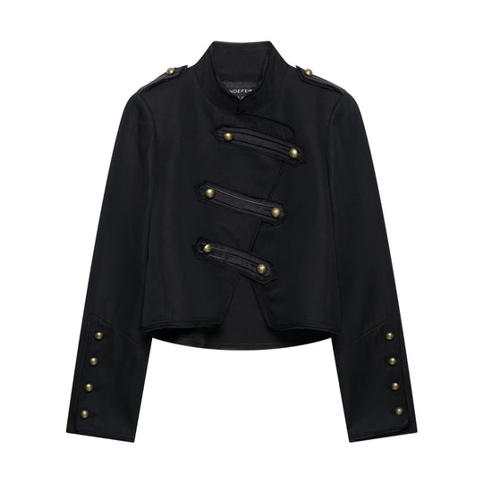 Damen Kurzgeschnittene militärisch inspirierte Jacke mit Stehkragen, Zierpatten und Metallknöpfen Nord Taschen