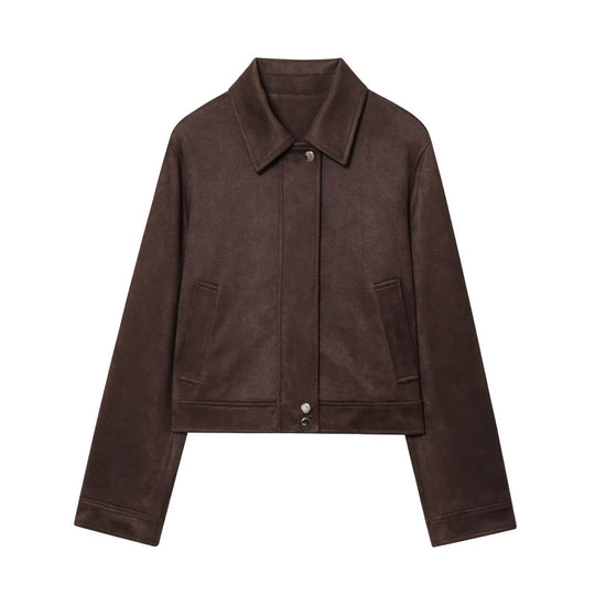 Damen 30+ kurz geschnittene Veloursjacke im Blousonstil mit Hemdkragen und verdeckter Druckknopfleiste Nord Taschen