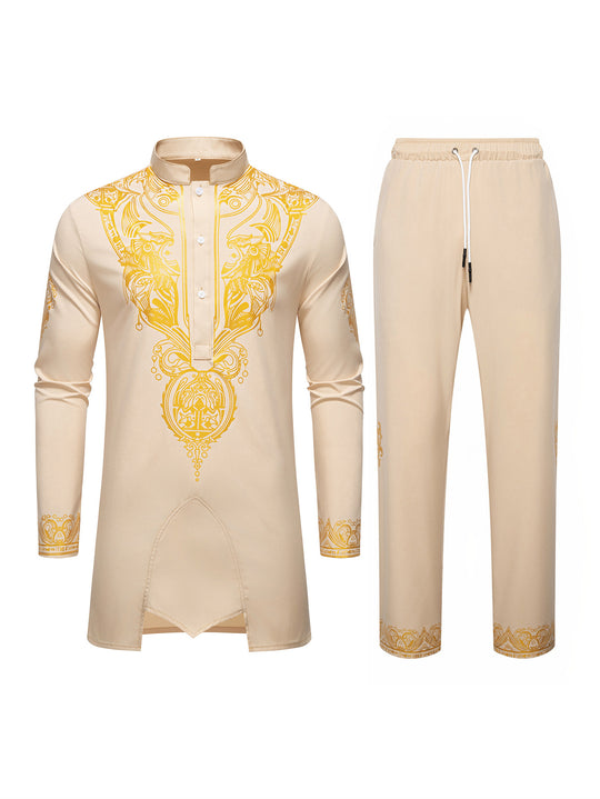 Herren Ornamentales Tunika-Set mit Stehkragen, Halbknopfleiste und goldverziertem Print Nord Taschen