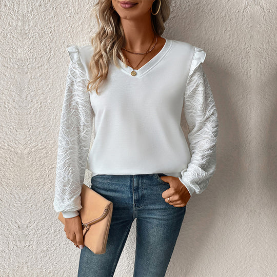 Damen Elegantes V-Ausschnitt-Shirt mit strukturierten Mesh-Ärmeln und Rüschen-Schultern Nord Taschen