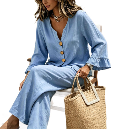 Damen Leinenoptik-Loungewear-Set mit V-Ausschnitt Holzknopfleiste und Volantärmeln Nord Taschen