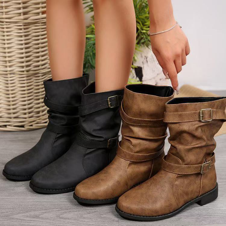Damen Lässige Slouch-Stiefel mit verstellbaren Zierschnallen, flacher Profilsohle und weichem Kunstleder Nord Taschen
