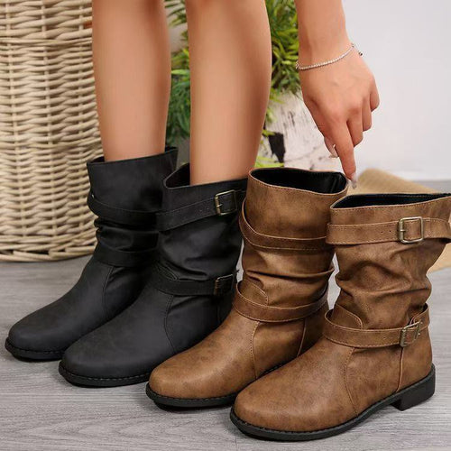 Damen Lässige Slouch-Stiefel mit verstellbaren Zierschnallen, flacher Profilsohle und weichem Kunstleder Nord Taschen