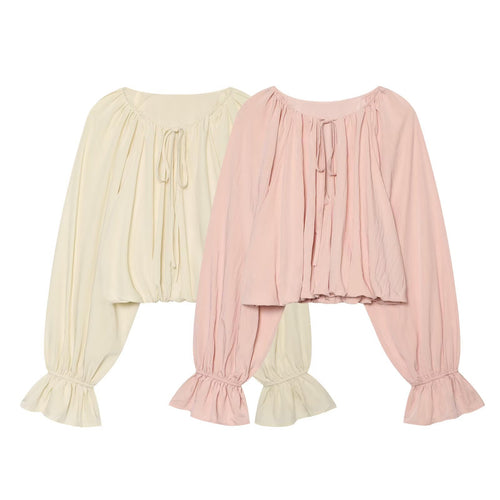 Damen Carmen-Cropped-Bluse mit Tunnelzugkragen, gerafftem Saum und Ballonärmeln Nord Taschen