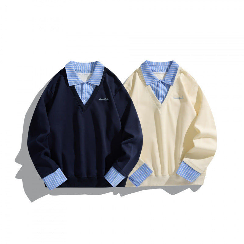 Unisex Lagenlook Sweatshirt mit V-Ausschnitt, integriertem Hemdkragen und gestreiften Manschetten Nord Taschen