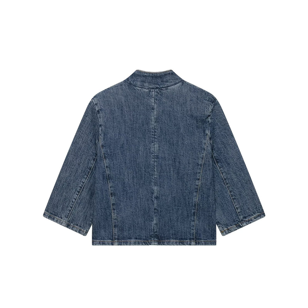 Damen Cropped Denim Cape‑Jacke mit Stehkragen, kastiger Silhouette und 3/4‑Ärmeln Nord Taschen