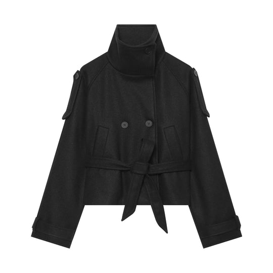 Damen Kurze Wollmix-Capejacke mit Taillengürtel und Funnelkragen Nord Taschen