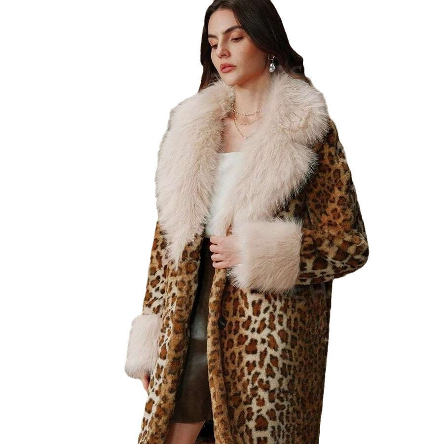 Damen Midilanger Kunstpelzmantel im Animal-Look mit abgesetztem Langhaar-Kragen und Manschetten Nord Taschen
