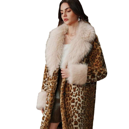 Damen Midilanger Kunstpelzmantel im Animal-Look mit abgesetztem Langhaar-Kragen und Manschetten Nord Taschen