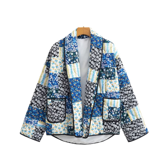 Damen Gesteppte Patchwork-Quiltjacke mit Kontrastpaspel und aufgesetzten Taschen Nord Taschen