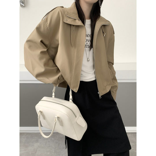 Damen Kurze Bomberjacke im Trench-Style mit hohem Stehkragen und Schulterpatten Nord Taschen