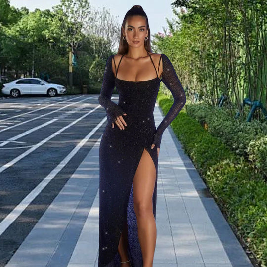 Damen Glamouröses Maxikleid mit schimmernden Details und seitlichem Schlitz Nord Taschen