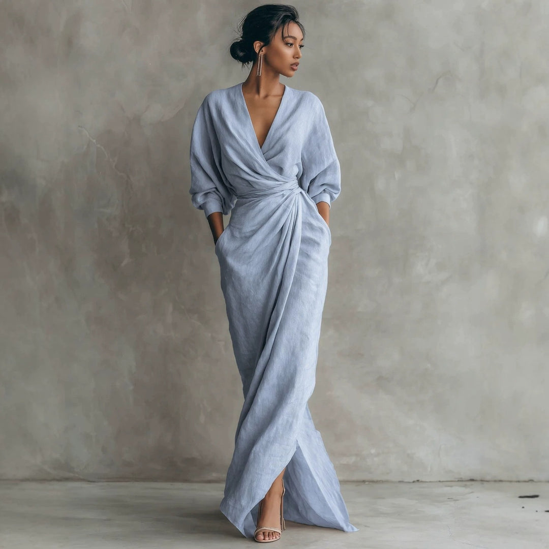 Damen Wickel-Maxikleid aus Leinenmix mit tiefem V-Ausschnitt und Ballonärmeln Nord Taschen