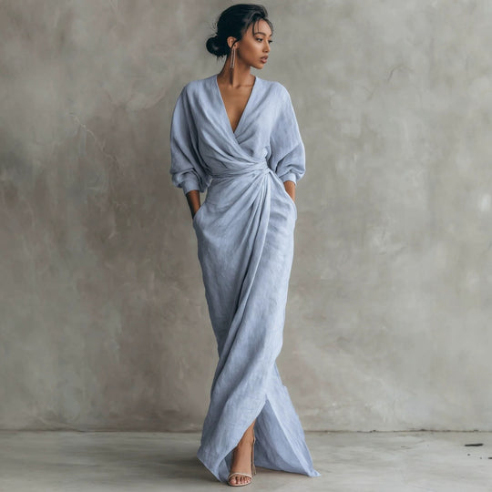 Damen Wickel-Maxikleid aus Leinenmix mit tiefem V-Ausschnitt und Ballonärmeln Nord Taschen