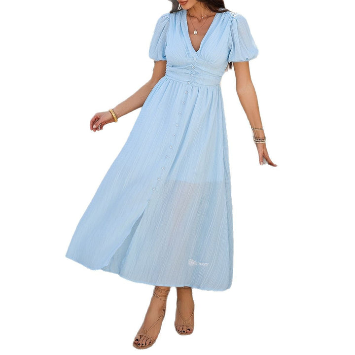 Damen Maxikleid mit V-Ausschnitt und luftigen Puffärmeln