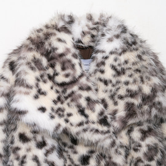 Damen Kurzer Kunstfellmantel mit Leopardenmuster und Schalkragen Nord Taschen