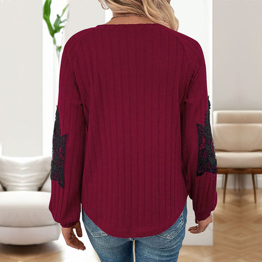 Damen Geripptes Longsleeve mit V‑Ausschnitt, Spitzen‑Einsätzen an den Ellbogen und Ballonärmeln Nord Taschen