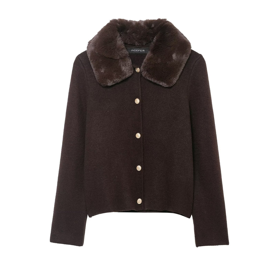 Damen Kurzgeschnittener Strickcardigan mit abnehmbarem Faux‑Fur‑Kragen Nord Taschen