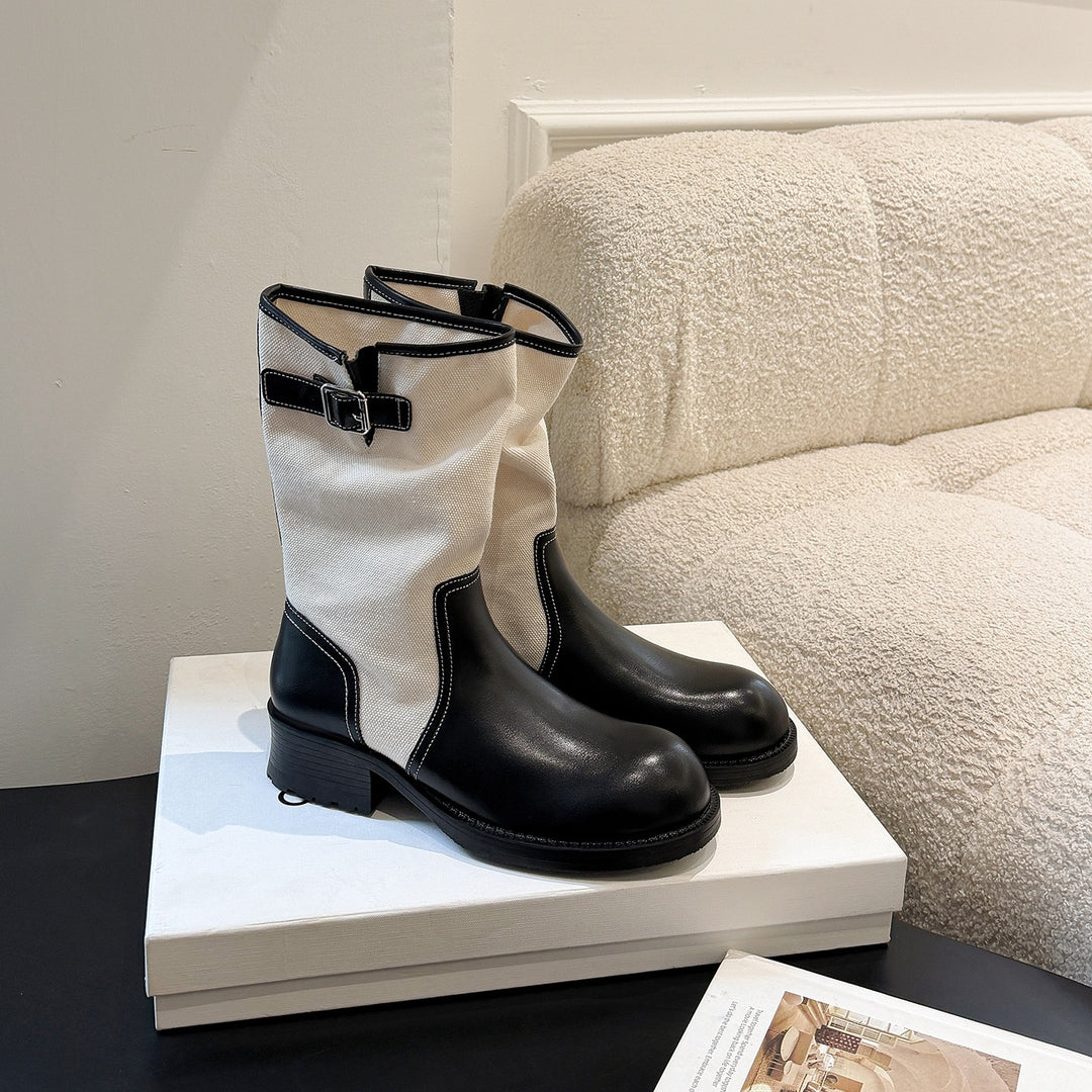 Damen Mid-Calf Stiefel aus Glattleder und Canvas mit Zier-Schnallenriemen Nord Taschen