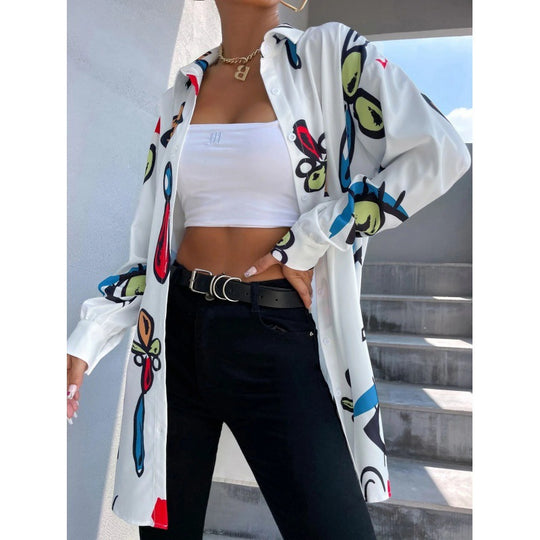 Damen Oversized Longbluse mit Pop‑Art‑Print, Hemdkragen und durchgehender Knopfleiste Nord Taschen