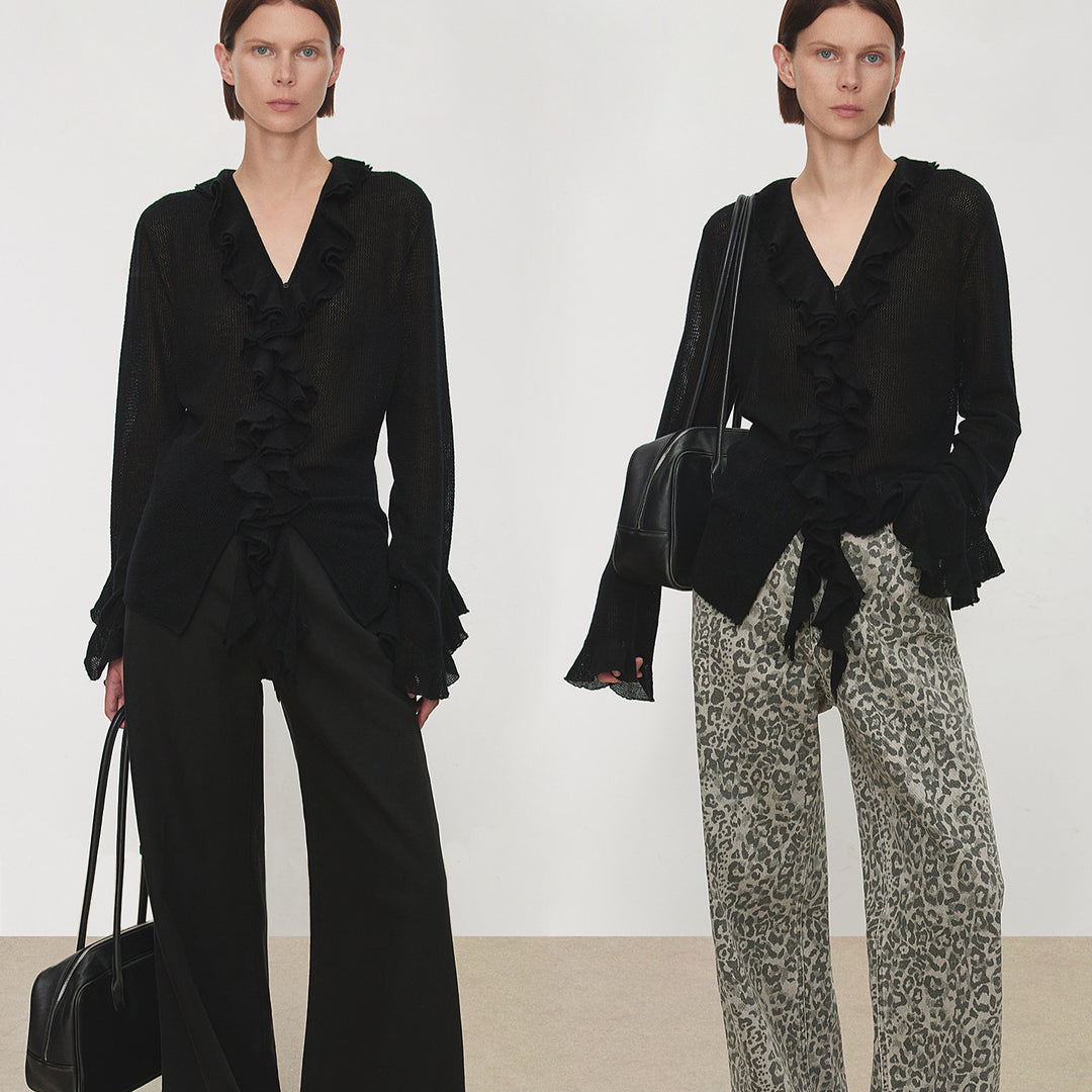Damen Rüschen-Strickcardigan mit V-Ausschnitt und Volantärmeln Nord Taschen
