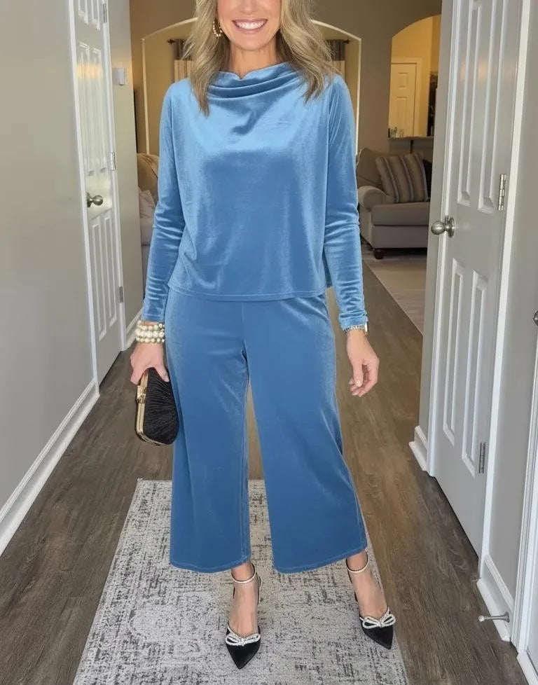 Damen Elegantes Samt-Zweiteiler mit Wasserfallkragen und weiter Culotte-Hose Nord Taschen