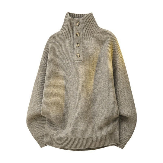 Damen Oversize Grobstrick-Pullover mit Knopfleiste am Stehkragen und Raglanärmeln Nord Taschen