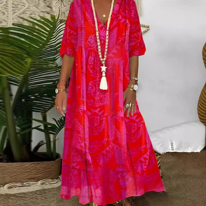 Damen nan Boho-Langkleid mit tiefem V-Ausschnitt, Stufenschnitt und legerer Oversize-Passform