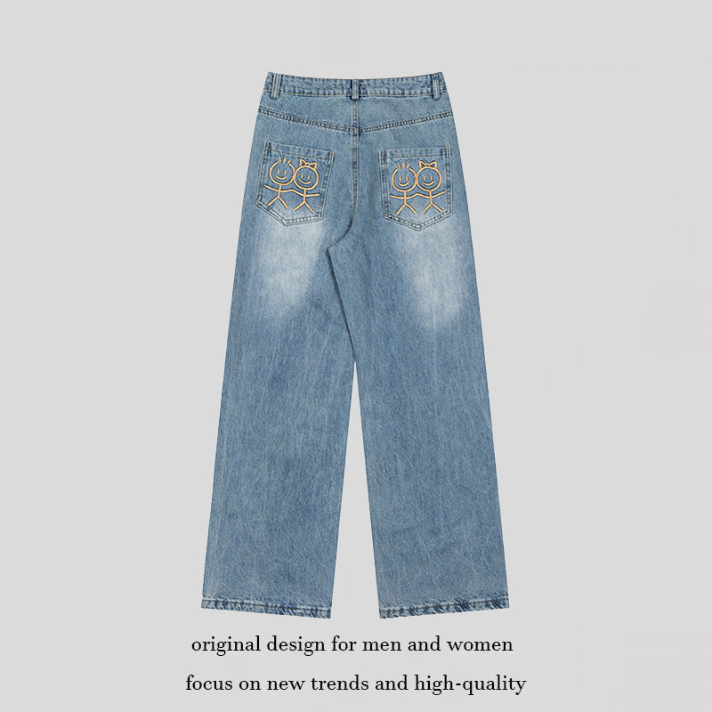 Damen Weite High‑Waist-Jeans mit geradem, weitem Bein und Stickerei auf Gesäßtaschen Nord Taschen