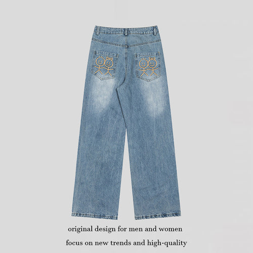 Damen Weite High‑Waist-Jeans mit geradem, weitem Bein und Stickerei auf Gesäßtaschen Nord Taschen