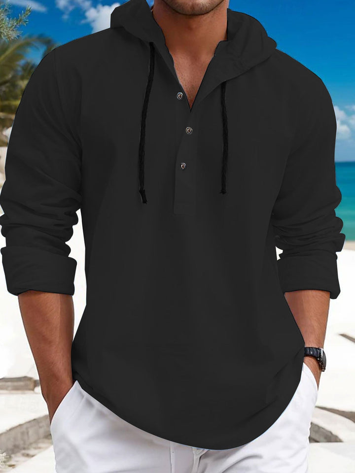 Herren nan sommerliches Hoodie-Henley mit verdeckter Knopfleiste, Kordelzug und gerundetem Saum