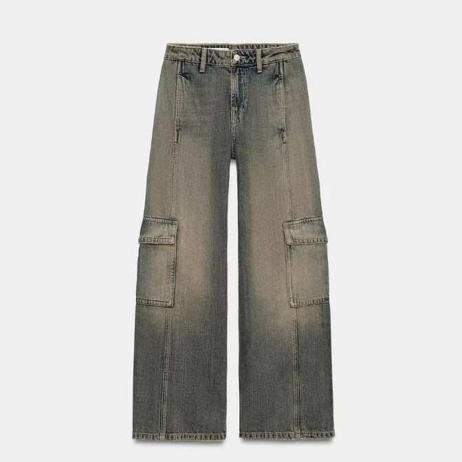 Damen Jeans‑Cargo‑Hose mit weitem Bein, Ziernähten und aufgesetzten Klappentaschen Nord Taschen