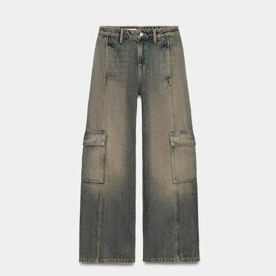 Damen Jeans‑Cargo‑Hose mit weitem Bein, Ziernähten und aufgesetzten Klappentaschen Nord Taschen