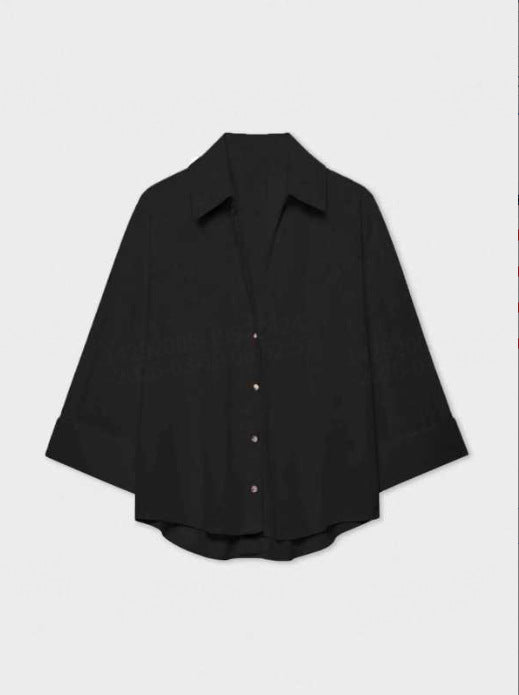 Damen Leichte Oversize Leinenoptik Bluse mit Dreiviertelärmeln und durchgehender Knopfleiste Nord Taschen