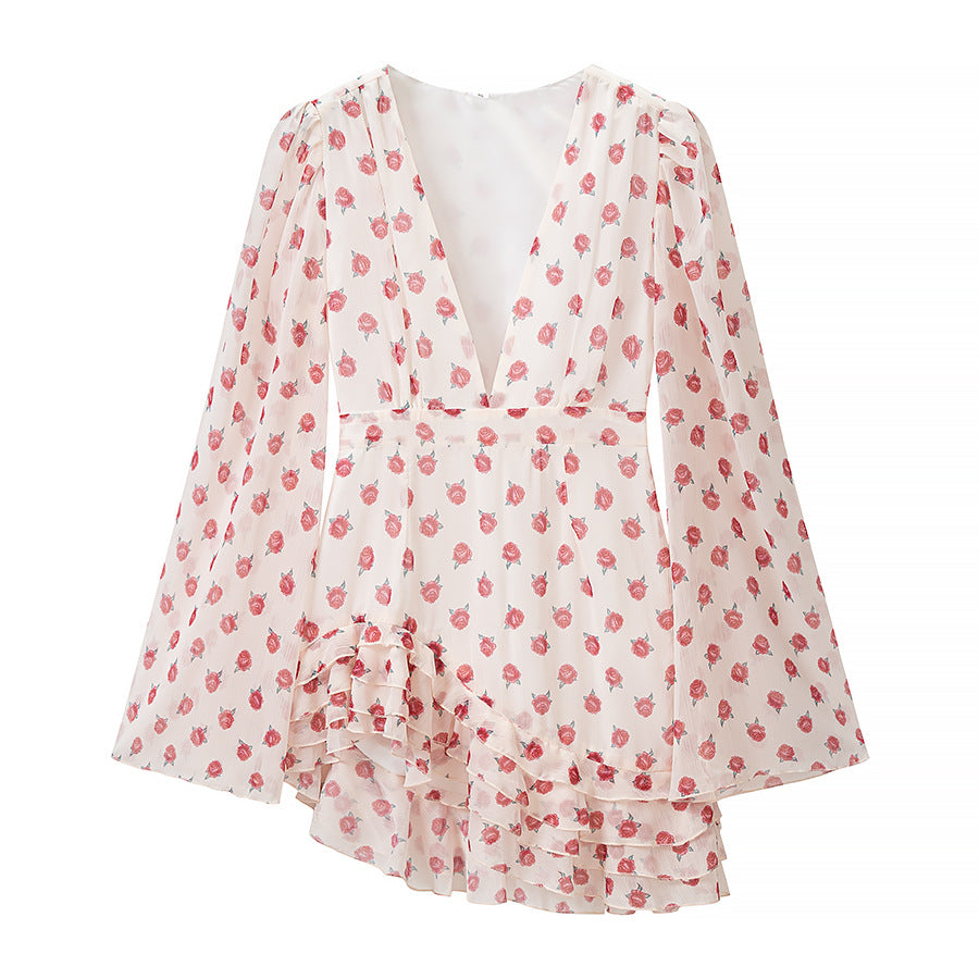 Damen Verspieltes Chiffon-Minikleid mit tiefem V, asymmetrischem Volant-Saum und Glockenärmeln Nord Taschen