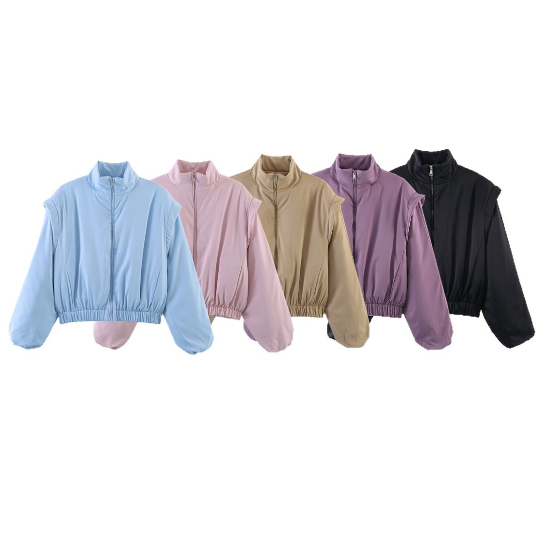 Damen Gepolsterte Cropped-Übergangsjacke mit Stehkragen, Ballonärmeln und elastischem Saum Nord Taschen