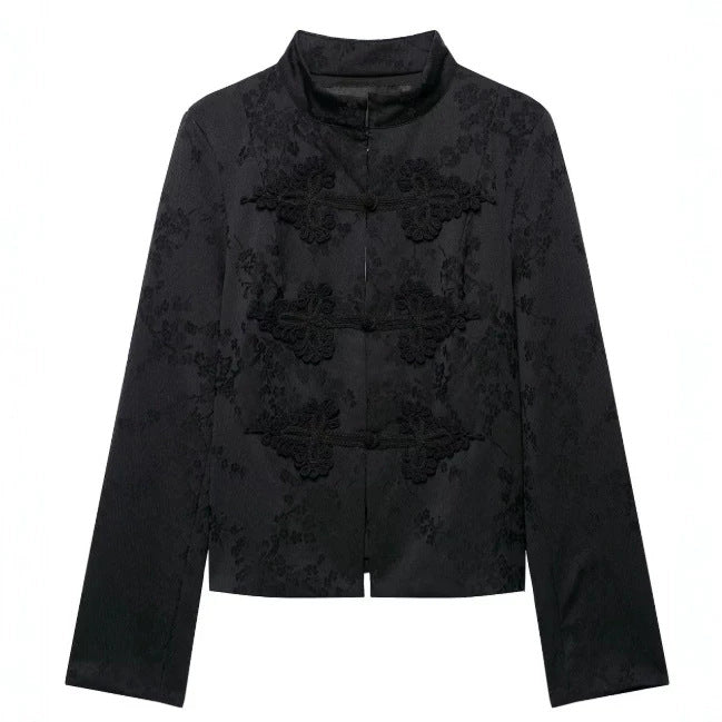 Damen Kurzjacke im Brokat-Look mit Stehkragen und Zierfroschverschlüssen Nord Taschen