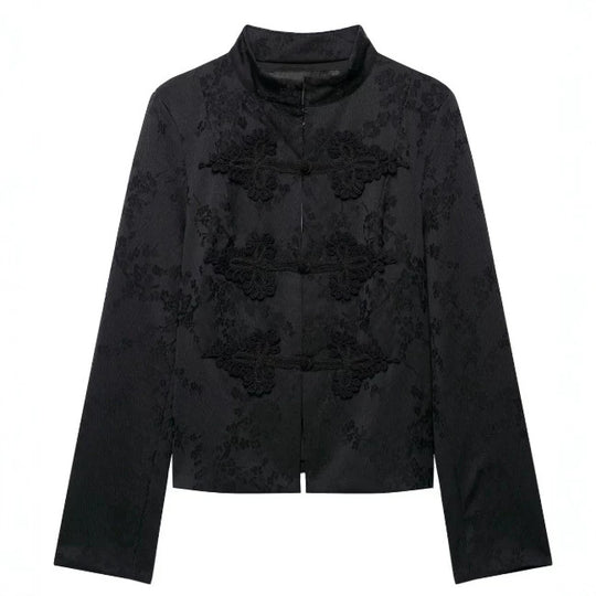 Damen Kurzjacke im Brokat-Look mit Stehkragen und Zierfroschverschlüssen Nord Taschen