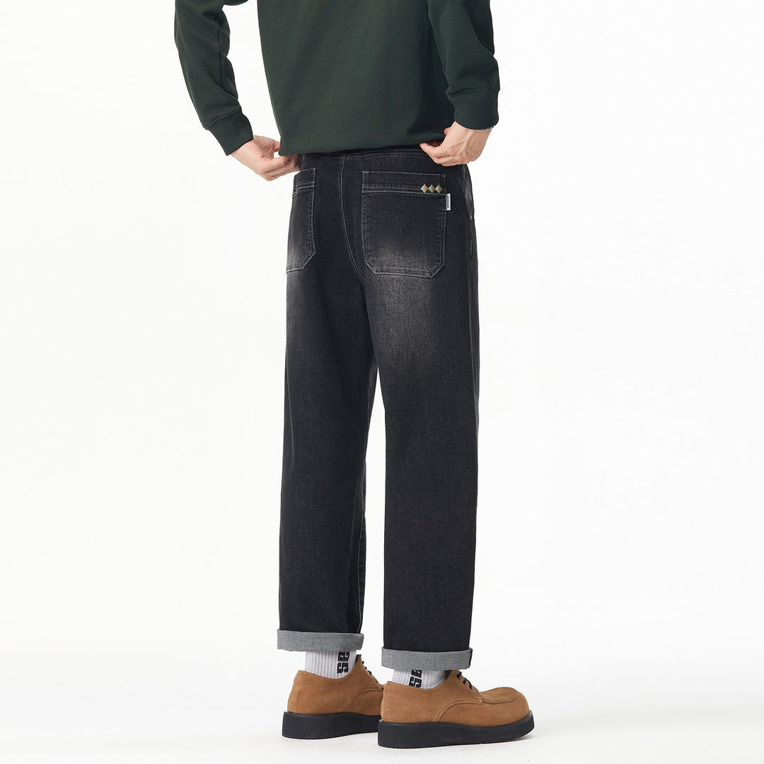 Herren Weite gerade geschnittene Denim-Jeans mit Used‑Wash und Umschlagbund Nord Taschen
