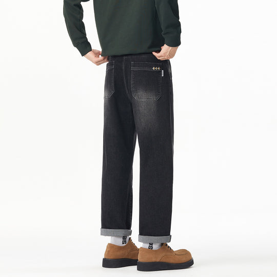 Herren Weite gerade geschnittene Denim-Jeans mit Used‑Wash und Umschlagbund Nord Taschen