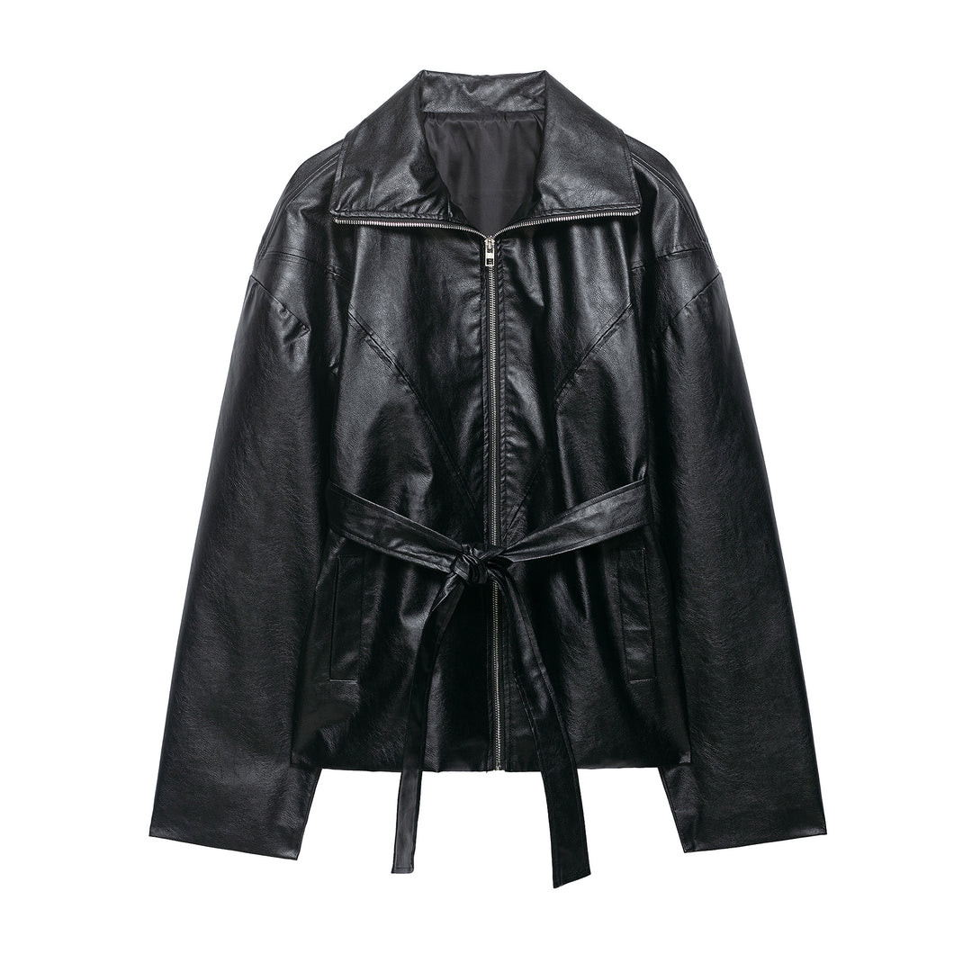 Damen Kurze Kunstlederjacke mit Taillengürtel, Reißverschluss und markantem Kragen Nord Taschen