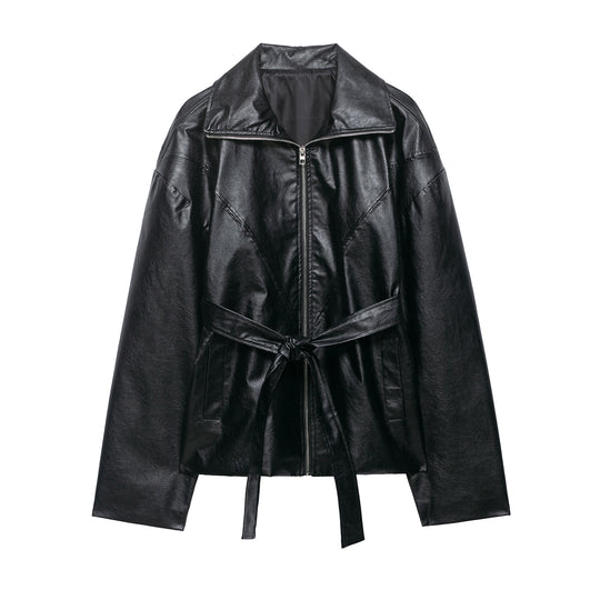 Damen Kurze Kunstlederjacke mit Taillengürtel, Reißverschluss und markantem Kragen Nord Taschen