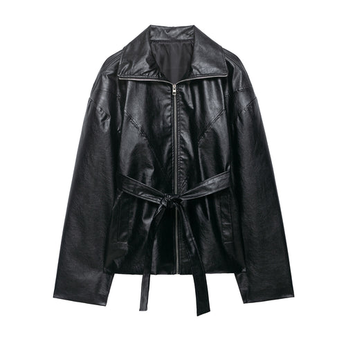Damen Kurze Kunstlederjacke mit Taillengürtel, Reißverschluss und markantem Kragen Nord Taschen