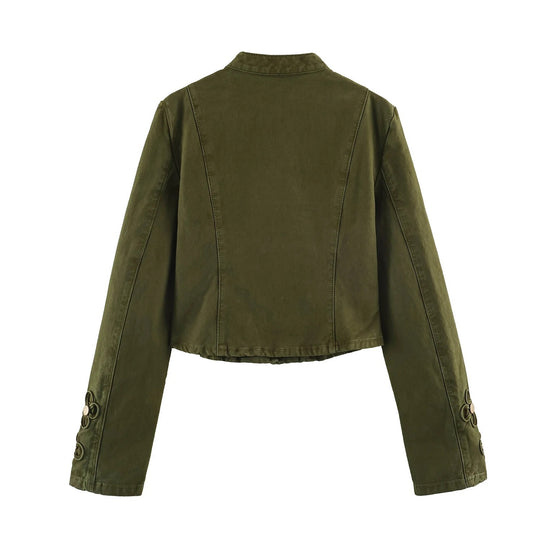 Damen Kurze Militärjacke mit Knebelverschlüssen und Stehkragen Nord Taschen